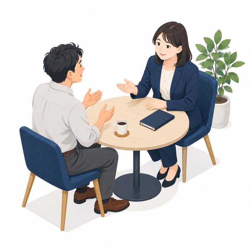 相談者の話を穏やかに聞く税理士のアイソメトリックイラスト