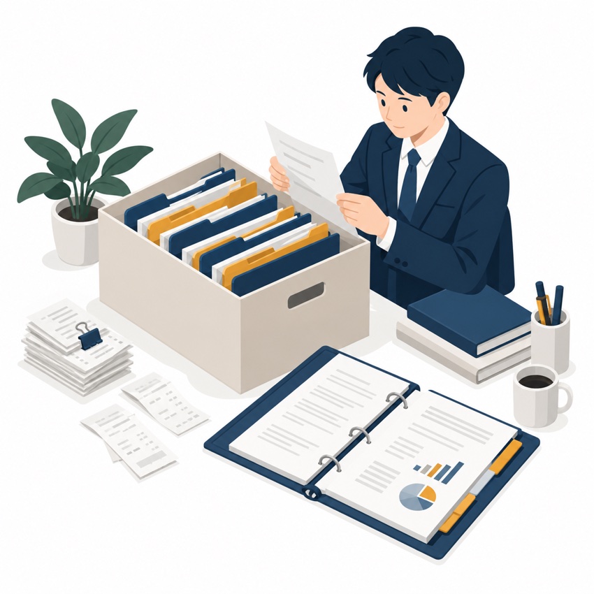 資料を整理する税理士のアイソメトリックイラスト